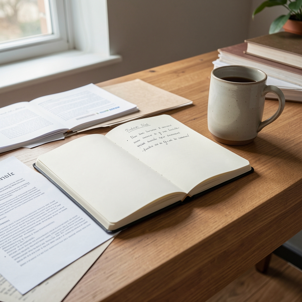 Quiet editorial desk with an open notebook, marked research papers, a ceramic mug and natural daylight