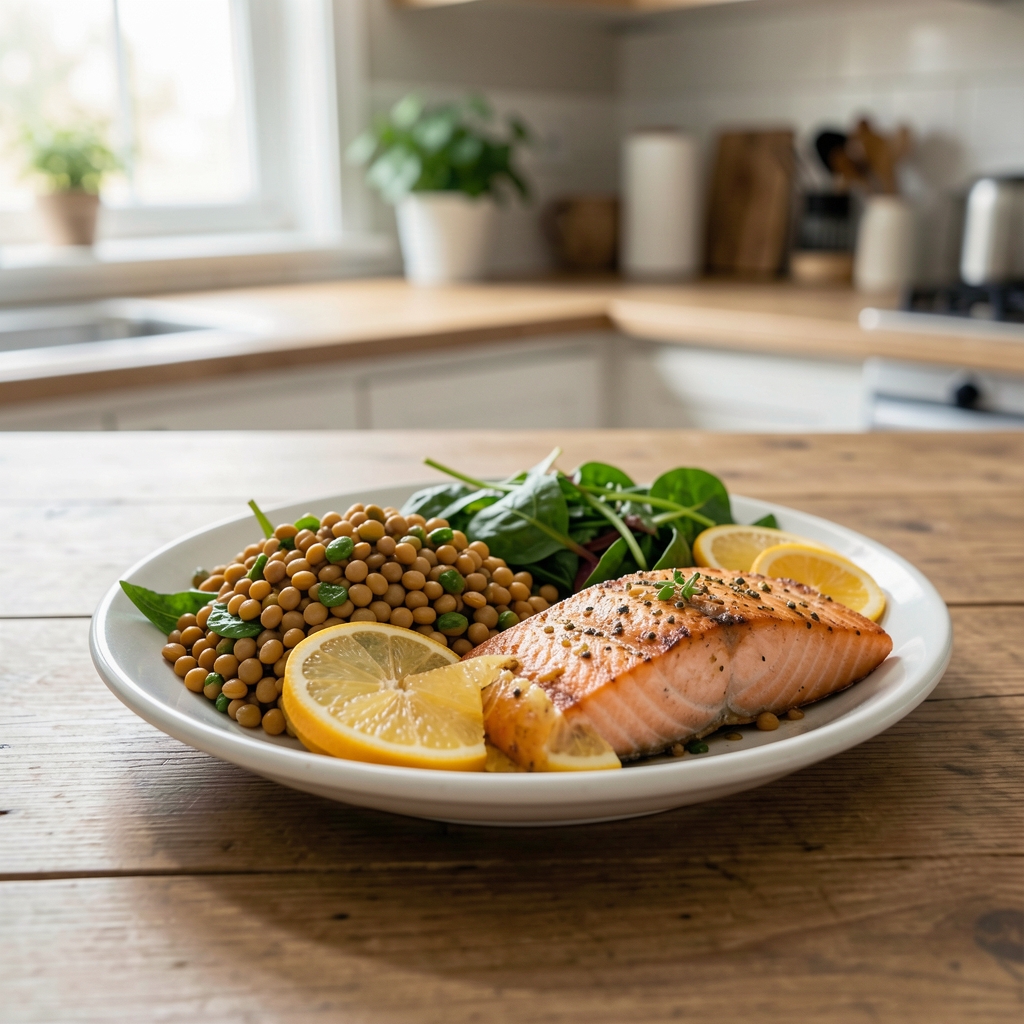 Colourful balanced meal with lentils, leafy greens, salmon and citrus arranged on a quiet kitchen table