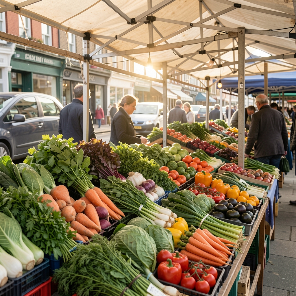 Fresh seasonal vegetables and herbs arranged at a covered Brighton market stall in soft morning light