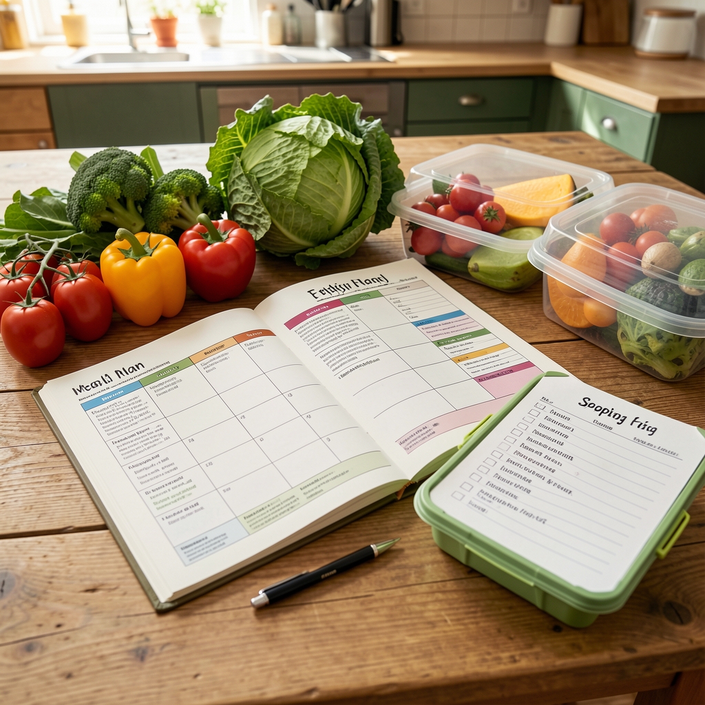 Open weekly meal plan beside fresh vegetables, a shopping list and reusable food containers on a wooden kitchen table
