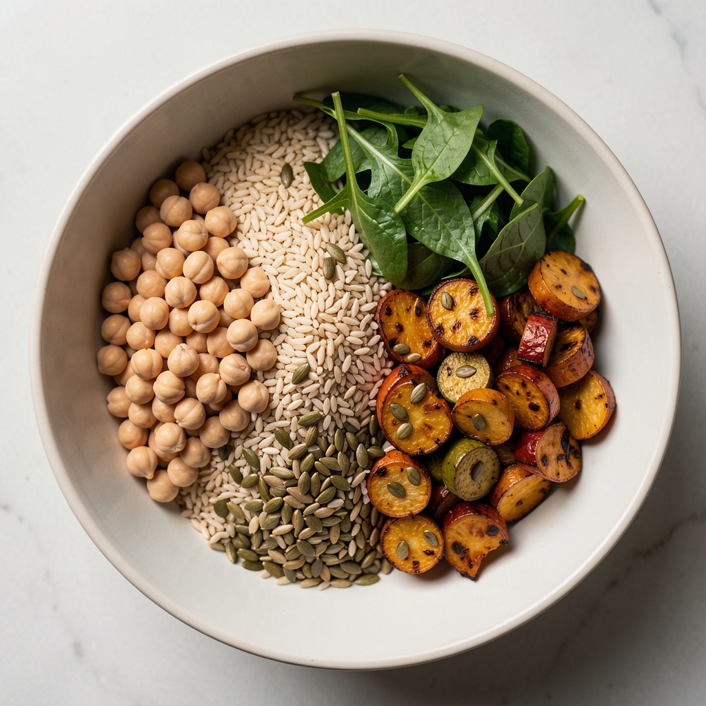 Overhead view of a balanced bowl with grains, chickpeas, greens, roasted vegetables and seeds