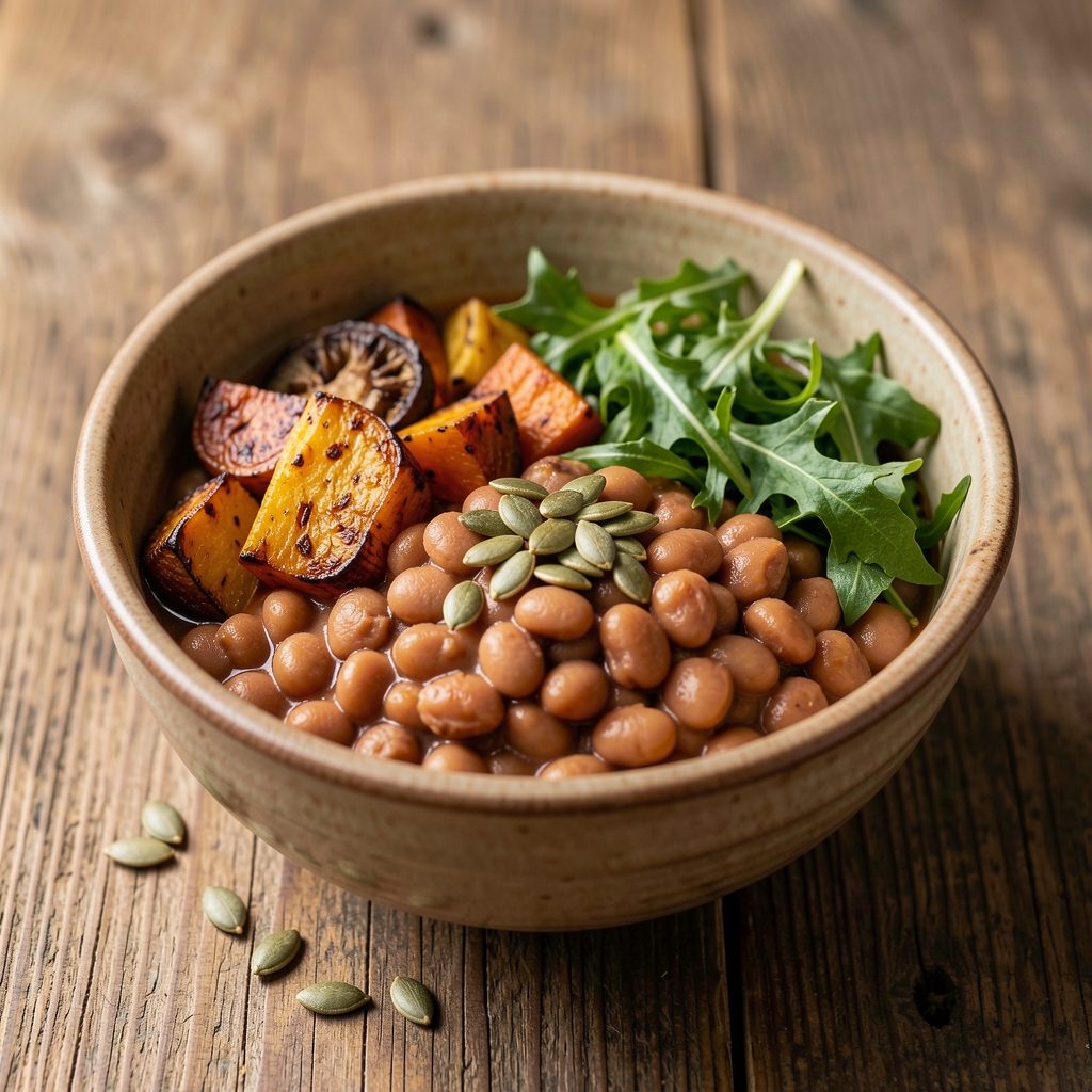 Rustic bowl of beans, roasted vegetables, pumpkin seeds and leafy greens on a wooden table